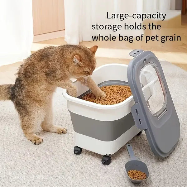 Collapsible Airtight Pet Food Storage Bin 23Lbs, Foldable Dog Cat Food Container with Wheels & Scoop, Moisture Proof Kibble Storage Box