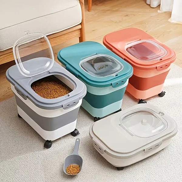 Collapsible Airtight Pet Food Storage Bin 23Lbs, Foldable Dog Cat Food Container with Wheels & Scoop, Moisture Proof Kibble Storage Box