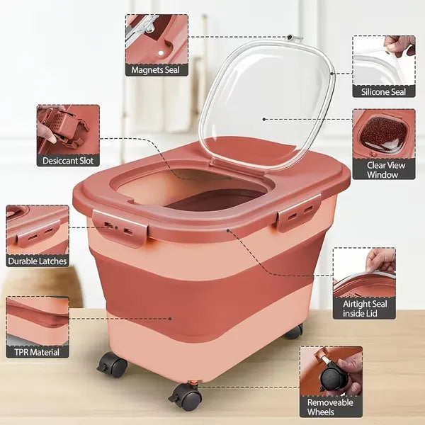 Collapsible Airtight Pet Food Storage Bin 23Lbs, Foldable Dog Cat Food Container with Wheels & Scoop, Moisture Proof Kibble Storage Box