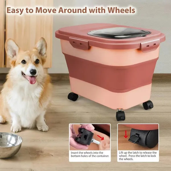 Collapsible Airtight Pet Food Storage Bin 23Lbs, Foldable Dog Cat Food Container with Wheels & Scoop, Moisture Proof Kibble Storage Box