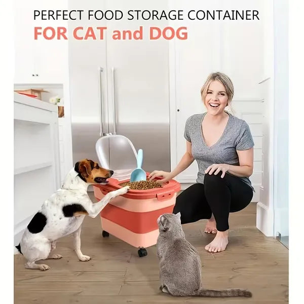 Collapsible Airtight Pet Food Storage Bin 23Lbs, Foldable Dog Cat Food Container with Wheels & Scoop, Moisture Proof Kibble Storage Box