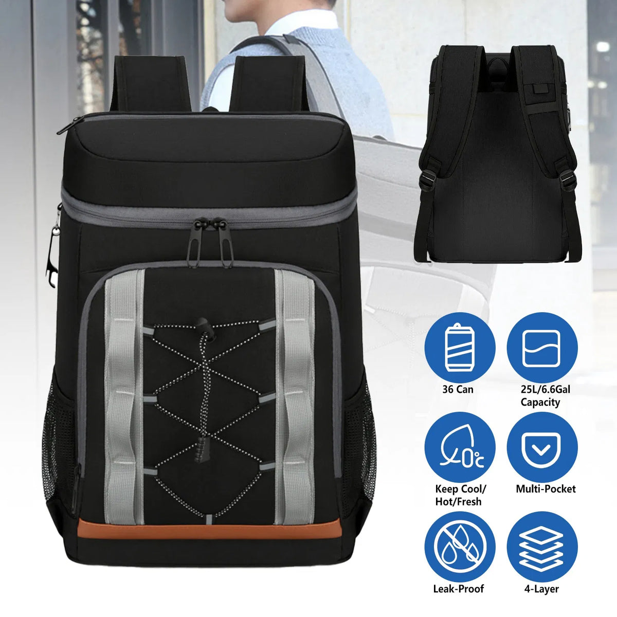 Cooler Backpack, 36 Cans Insulated Leak-Proof 25L Cooler Bag, Portable Thermal Backpack with Bottle Opener for Camping Hiking Picnic Beach Fishing
