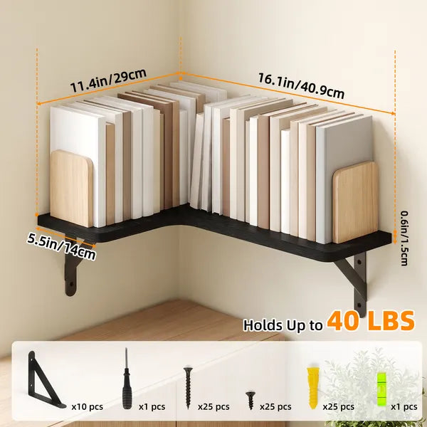 Aeelleea 5Pcs L-Shaped Corner Floating Shelves, Paulownia Wall Mount Storage Shelf with Black Metal Brackets for Home Decor