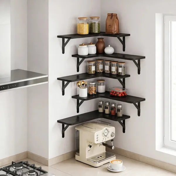 Aeelleea 5Pcs L-Shaped Corner Floating Shelves, Paulownia Wall Mount Storage Shelf with Black Metal Brackets for Home Decor