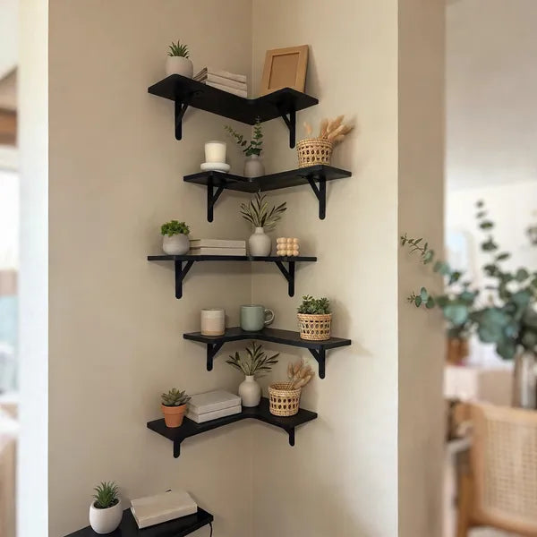 Aeelleea 5Pcs L-Shaped Corner Floating Shelves, Paulownia Wall Mount Storage Shelf with Black Metal Brackets for Home Decor