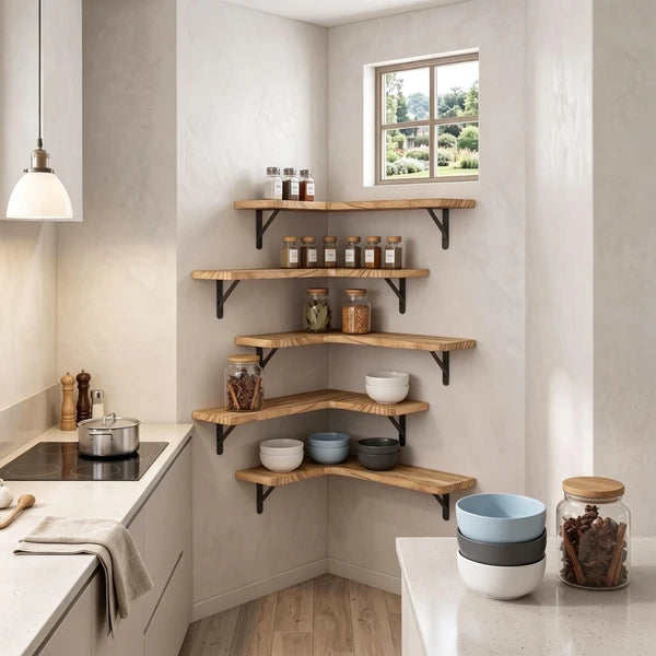 5 Pack Corner Floating Shelves, Matte Wood Wall Mount Display Shelves with Metal Brackets, Farmhouse Storage for Bedroom Bathroom Kitchen