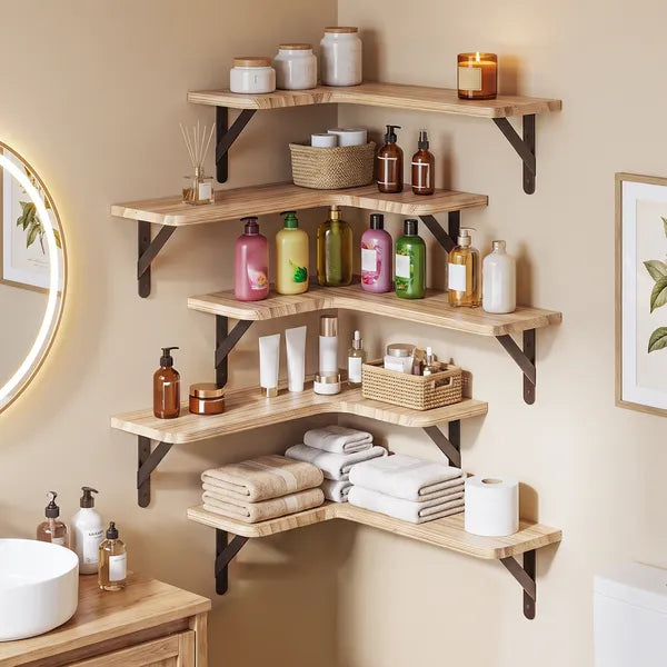 5 Pack Corner Floating Shelves, Matte Wood Wall Mount Display Shelves with Metal Brackets, Farmhouse Storage for Bedroom Bathroom Kitchen