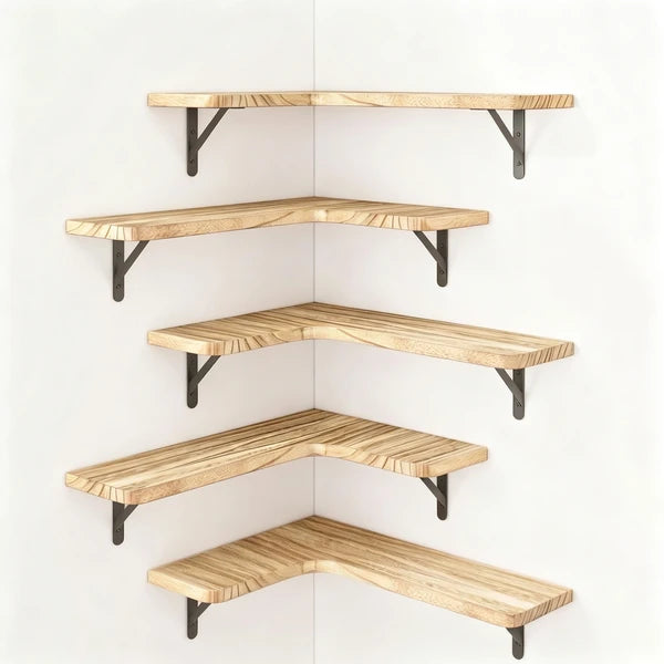 5 Pack Corner Floating Shelves, Matte Wood Wall Mount Display Shelves with Metal Brackets, Farmhouse Storage for Bedroom Bathroom Kitchen