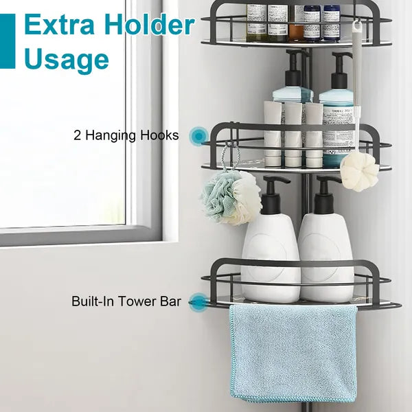 Rustproof Bathroom Shower Storage Rack, Wall Mounted Shower Caddy Organizer with Hooks, No Drilling for Bathroom Toiletries Storage