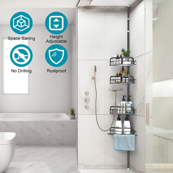 Rustproof Bathroom Shower Storage Rack, Wall Mounted Shower Caddy Organizer with Hooks, No Drilling for Bathroom Toiletries Storage