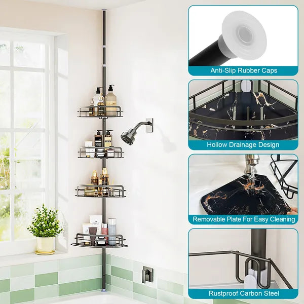 Rustproof Bathroom Shower Storage Rack, Wall Mounted Shower Caddy Organizer with Hooks, No Drilling for Bathroom Toiletries Storage