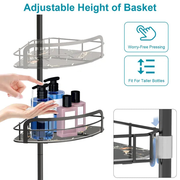 Rustproof Bathroom Shower Storage Rack, Wall Mounted Shower Caddy Organizer with Hooks, No Drilling for Bathroom Toiletries Storage