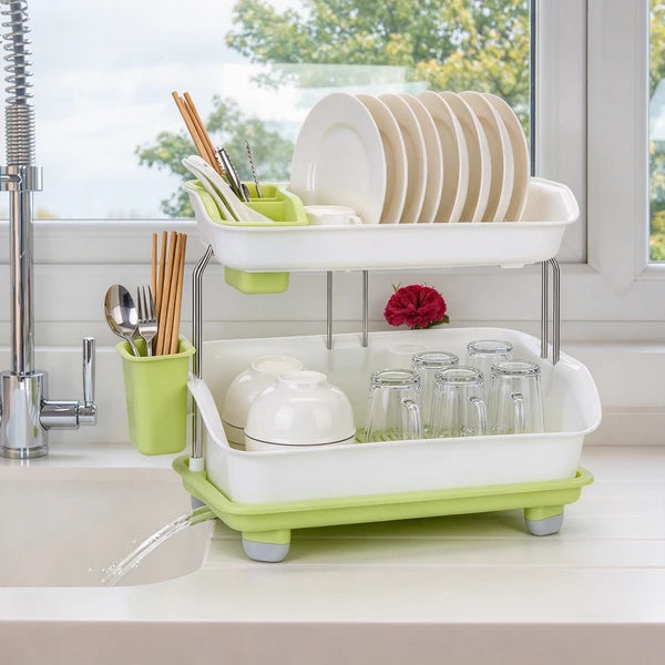 Aeelleea 2-Tier Large Capacity Dish Drying Rack, Countertop Dish Rack with Drain Tray & Utensil Holder for Plates Bowls Kitchenware