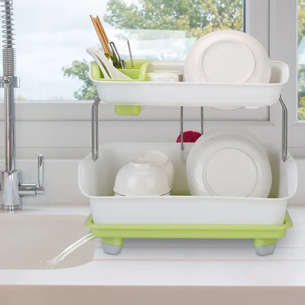 Aeelleea 2-Tier Large Capacity Dish Drying Rack, Countertop Dish Rack with Drain Tray & Utensil Holder for Plates Bowls Kitchenware