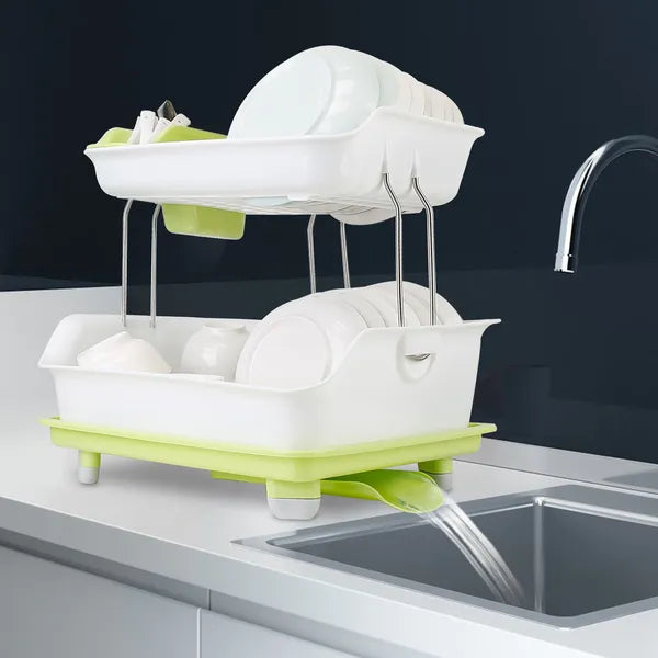 Aeelleea 2-Tier Large Capacity Dish Drying Rack, Countertop Dish Rack with Drain Tray & Utensil Holder for Plates Bowls Kitchenware