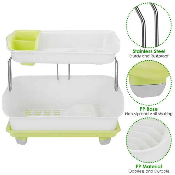 Aeelleea 2-Tier Large Capacity Dish Drying Rack, Countertop Dish Rack with Drain Tray & Utensil Holder for Plates Bowls Kitchenware