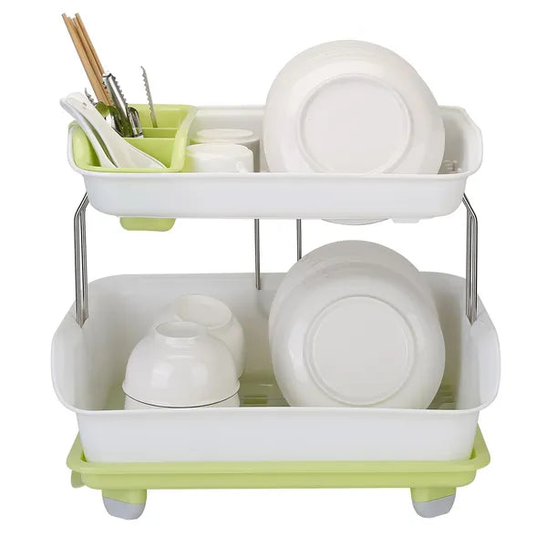 Aeelleea 2-Tier Large Capacity Dish Drying Rack, Countertop Dish Rack with Drain Tray & Utensil Holder for Plates Bowls Kitchenware