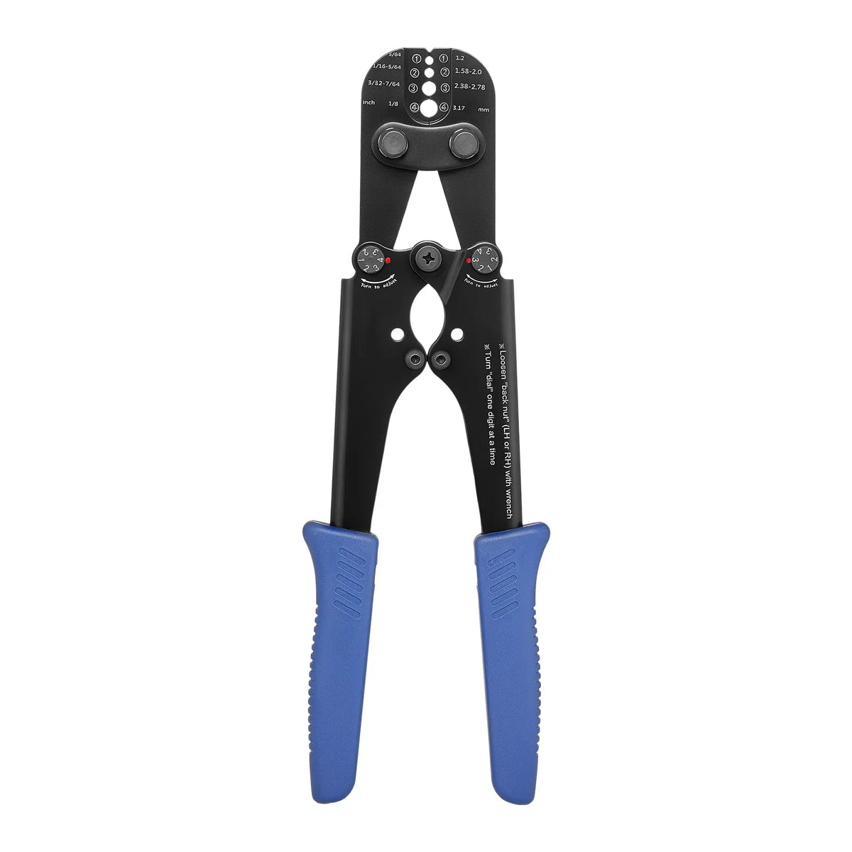Steel Wire Rope Hand Crimping Tool, 3/64" - 1/8", Metric & Imperial Markings, Adjustable Force, Aluminum & Copper Sleeves, Blue