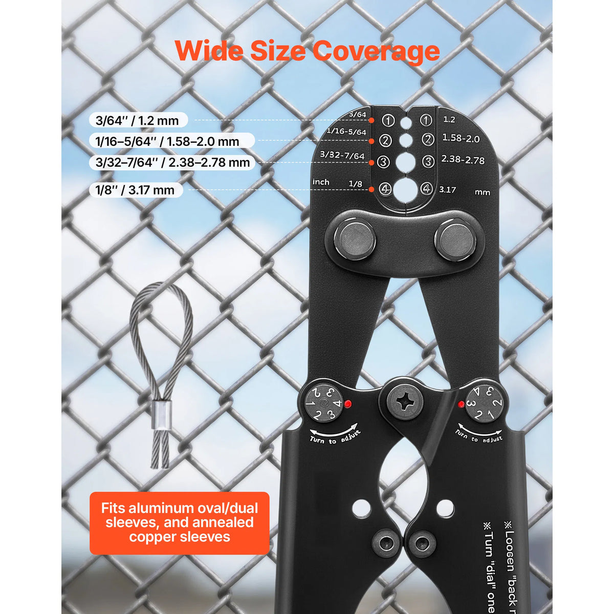 Steel Wire Rope Hand Crimping Tool, 3/64" - 1/8", Metric & Imperial Markings, Adjustable Force, Aluminum & Copper Sleeves, Blue