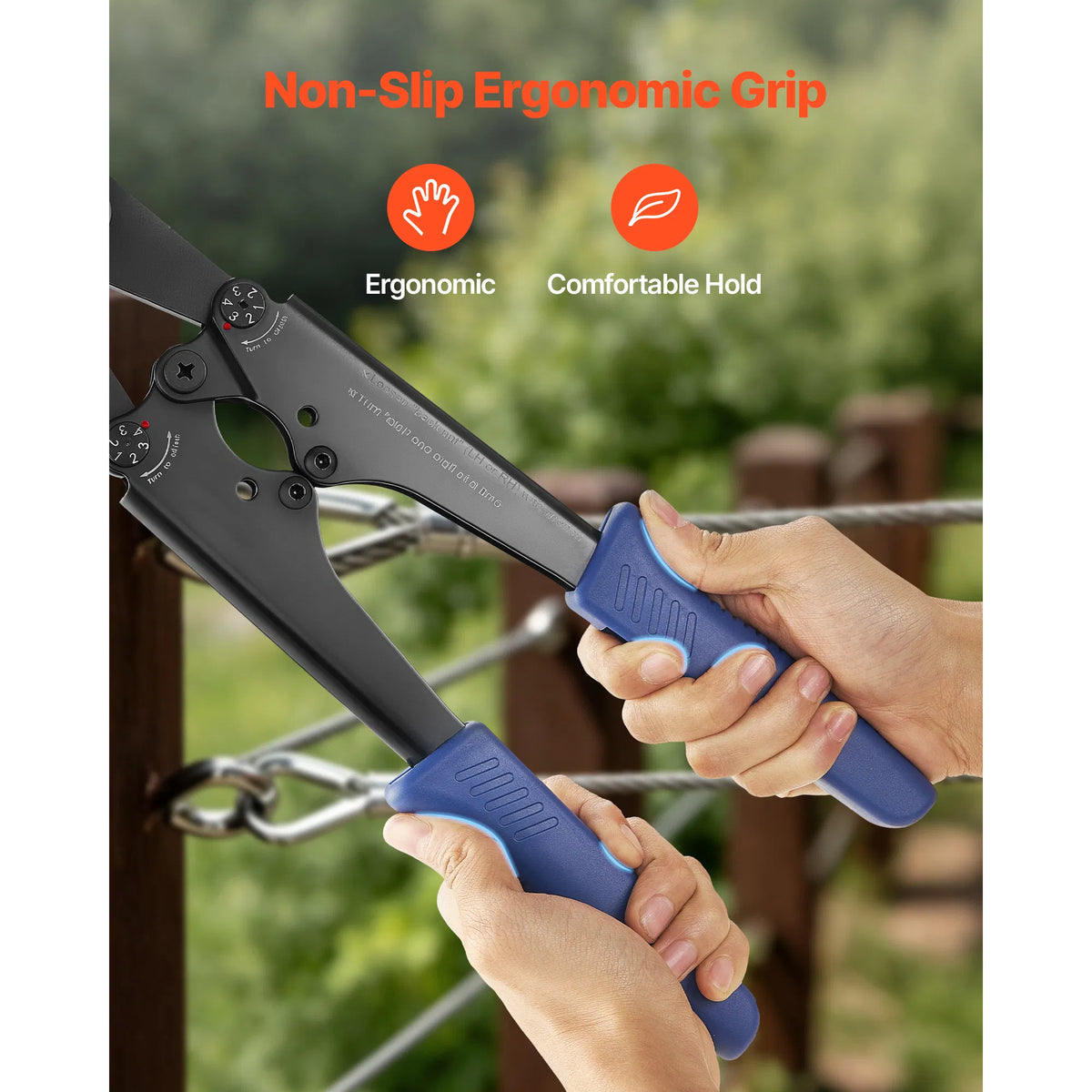 Steel Wire Rope Hand Crimping Tool, 3/64" - 1/8", Metric & Imperial Markings, Adjustable Force, Aluminum & Copper Sleeves, Blue