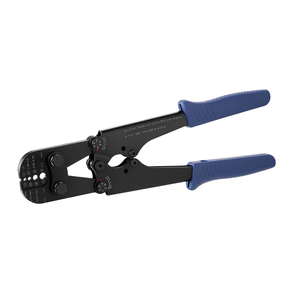 Steel Wire Rope Hand Crimping Tool, 3/64" - 1/8", Metric & Imperial Markings, Adjustable Force, Aluminum & Copper Sleeves, Blue