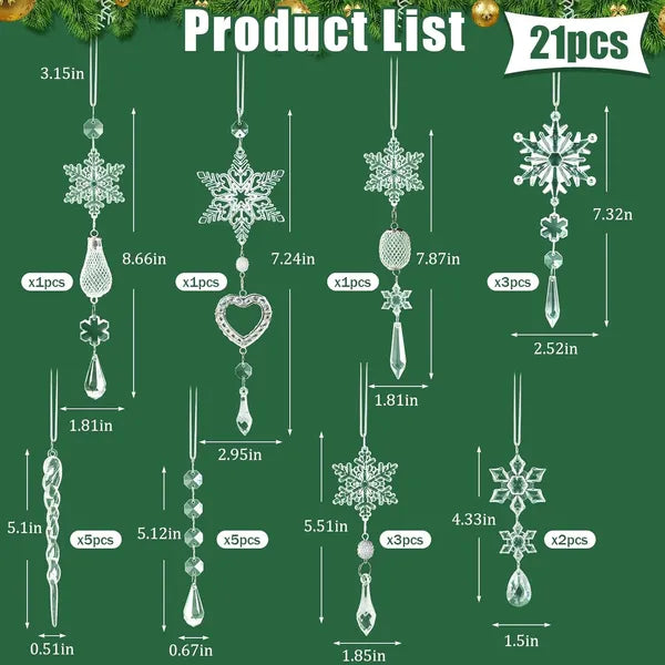 21-Piece Clear Acrylic Christmas Tree Ornaments, Snowflake & Crystal Drop Hanging Decorations for Holiday Trees, Windows & Gifts