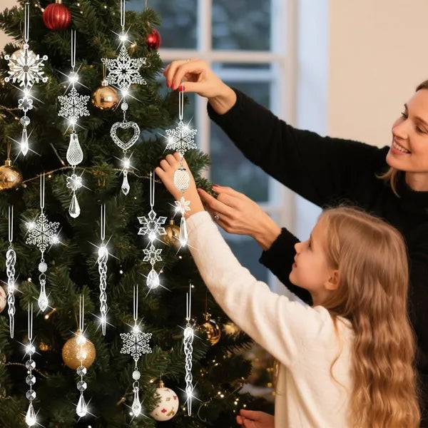 21-Piece Clear Acrylic Christmas Tree Ornaments, Snowflake & Crystal Drop Hanging Decorations for Holiday Trees, Windows & Gifts