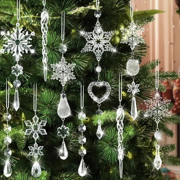 21-Piece Clear Acrylic Christmas Tree Ornaments, Snowflake & Crystal Drop Hanging Decorations for Holiday Trees, Windows & Gifts
