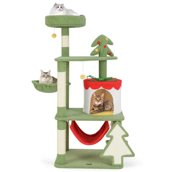 Aeelleea 52 Inch Christmas Cat Tree, Multi-Level Tower with Gift Box Condo, Sisal Scratching Posts, Hammock Perches for Indoor Cats, Green Red