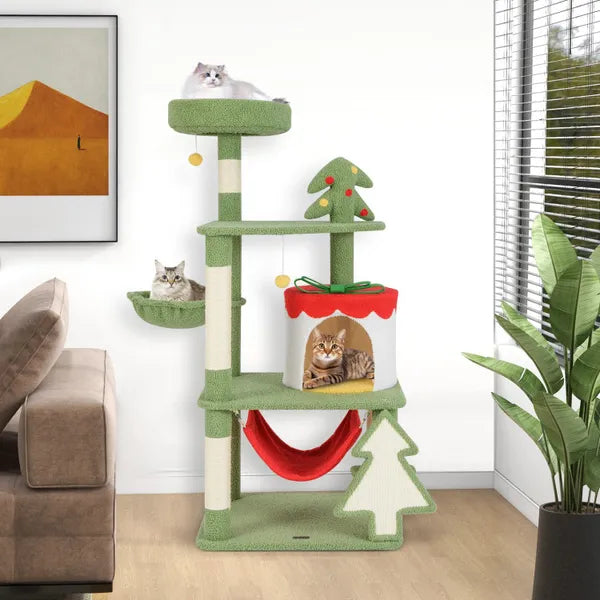Aeelleea 52 Inch Christmas Cat Tree, Multi-Level Tower with Gift Box Condo, Sisal Scratching Posts, Hammock Perches for Indoor Cats, Green Red