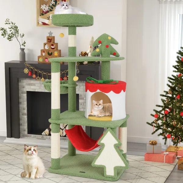 Aeelleea 52 Inch Christmas Cat Tree, Multi-Level Tower with Gift Box Condo, Sisal Scratching Posts, Hammock Perches for Indoor Cats, Green Red