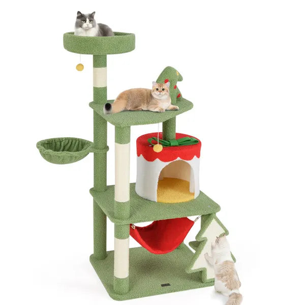 Aeelleea 52 Inch Christmas Cat Tree, Multi-Level Tower with Gift Box Condo, Sisal Scratching Posts, Hammock Perches for Indoor Cats, Green Red