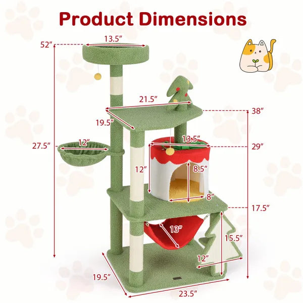 Aeelleea 52 Inch Christmas Cat Tree, Multi-Level Tower with Gift Box Condo, Sisal Scratching Posts, Hammock Perches for Indoor Cats, Green Red