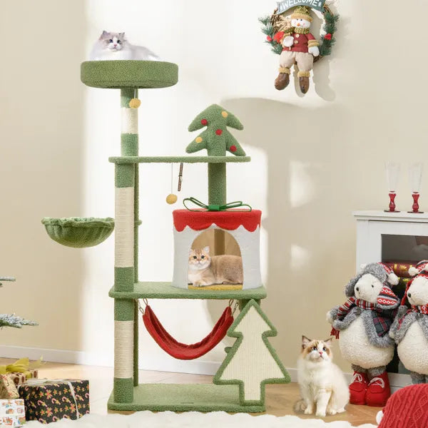 Aeelleea 52 Inch Christmas Cat Tree, Multi-Level Tower with Gift Box Condo, Sisal Scratching Posts, Hammock Perches for Indoor Cats, Green Red
