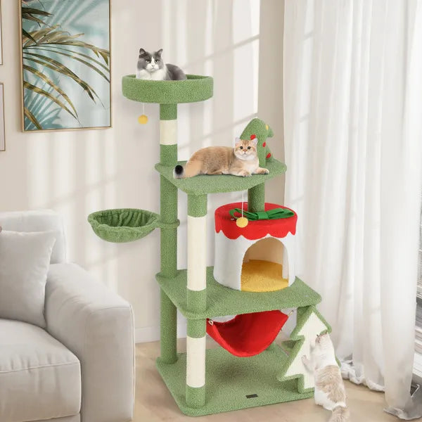 Aeelleea 52 Inch Christmas Cat Tree, Multi-Level Tower with Gift Box Condo, Sisal Scratching Posts, Hammock Perches for Indoor Cats, Green Red