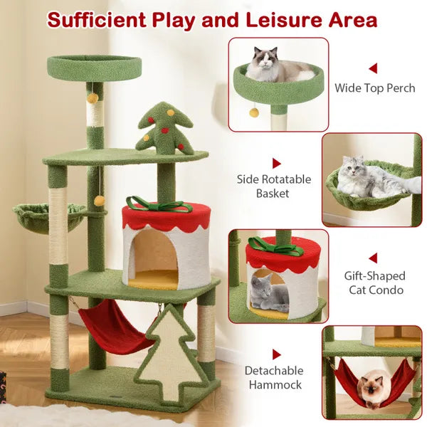 Aeelleea 52 Inch Christmas Cat Tree, Multi-Level Tower with Gift Box Condo, Sisal Scratching Posts, Hammock Perches for Indoor Cats, Green Red