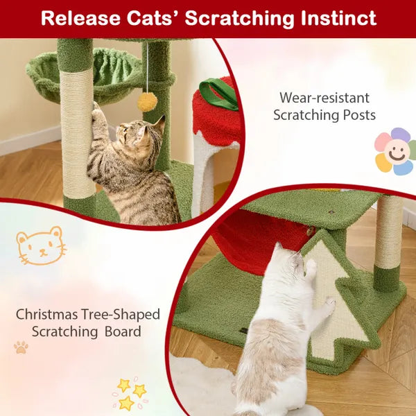 Aeelleea 52 Inch Christmas Cat Tree, Multi-Level Tower with Gift Box Condo, Sisal Scratching Posts, Hammock Perches for Indoor Cats, Green Red