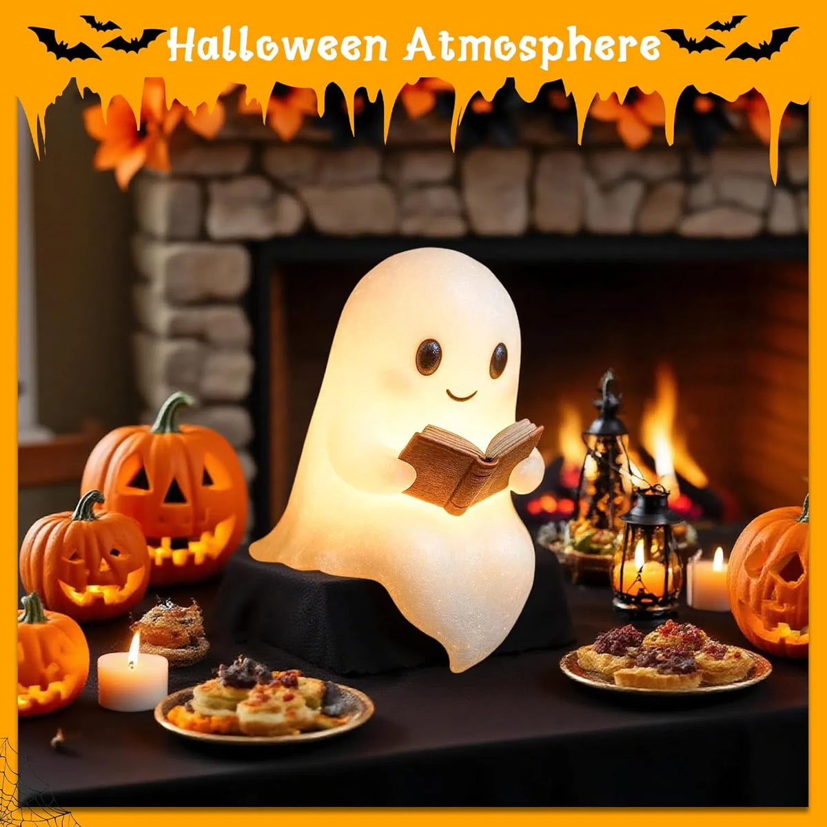 6-Inch Ghost Reading Book LED Night Light, Resin Light‑Up Ghost Figurine, Indoor Halloween Tabletop Decor for Desk, Shelf & Bedroom
