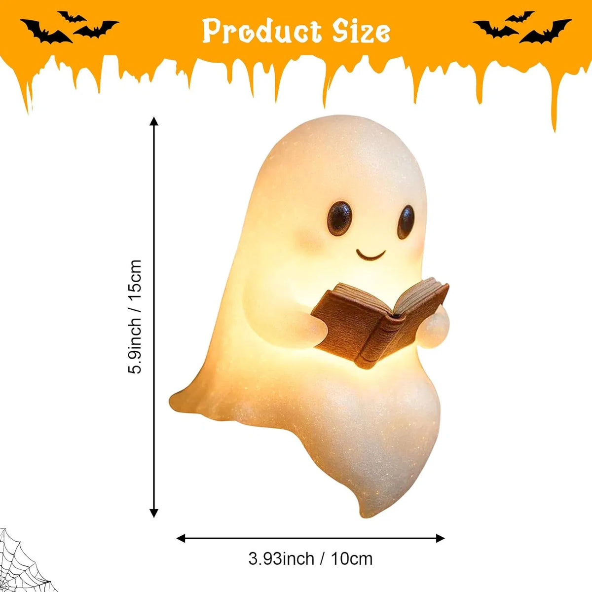 6-Inch Ghost Reading Book LED Night Light, Resin Light‑Up Ghost Figurine, Indoor Halloween Tabletop Decor for Desk, Shelf & Bedroom