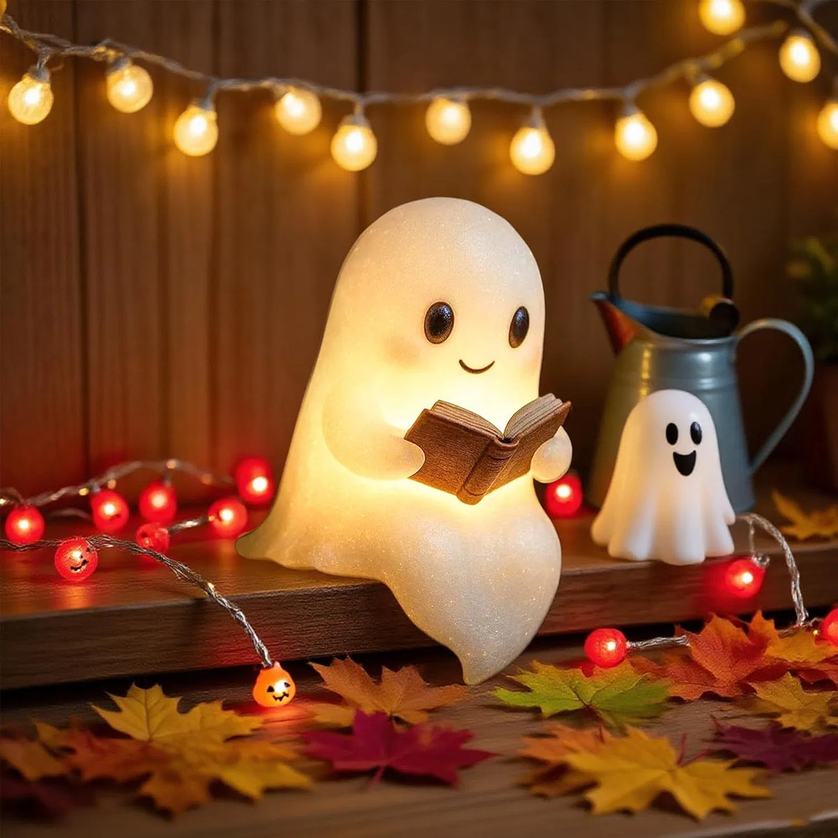 6-Inch Ghost Reading Book LED Night Light, Resin Light‑Up Ghost Figurine, Indoor Halloween Tabletop Decor for Desk, Shelf & Bedroom