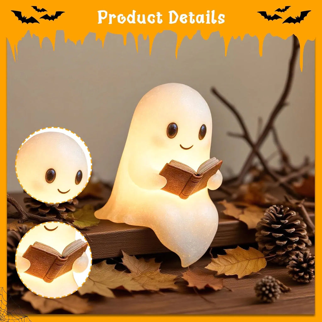 6-Inch Ghost Reading Book LED Night Light, Resin Light‑Up Ghost Figurine, Indoor Halloween Tabletop Decor for Desk, Shelf & Bedroom