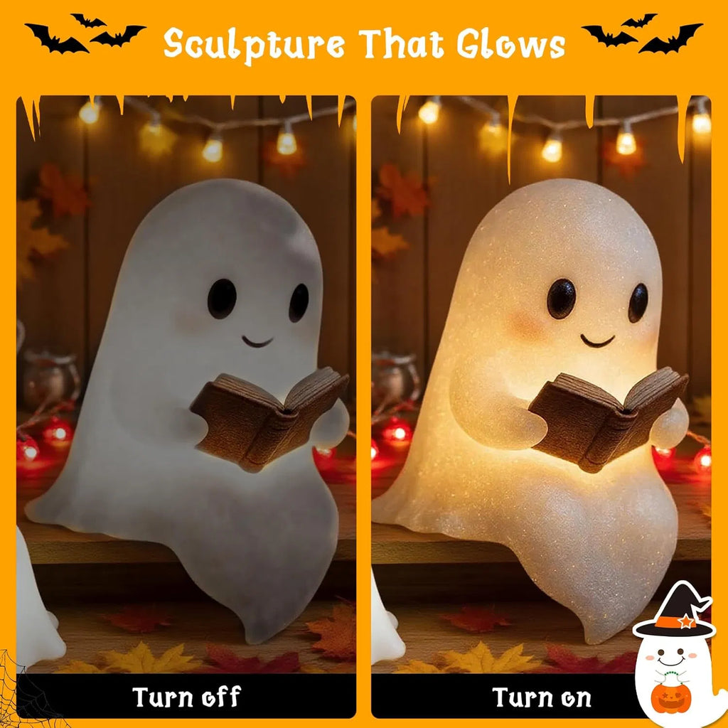 6-Inch Ghost Reading Book LED Night Light, Resin Light‑Up Ghost Figurine, Indoor Halloween Tabletop Decor for Desk, Shelf & Bedroom
