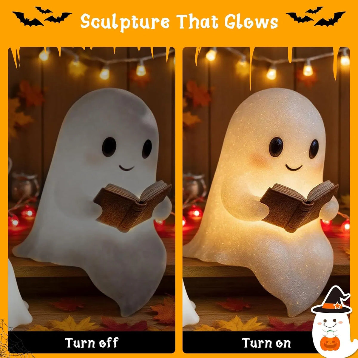 6-Inch Ghost Reading Book LED Night Light, Resin Light‑Up Ghost Figurine, Indoor Halloween Tabletop Decor for Desk, Shelf & Bedroom