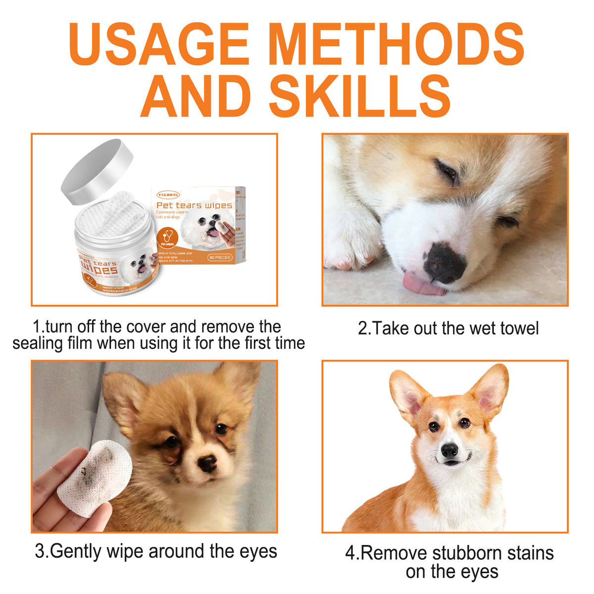 Pet Tear Stain Wipes, 60 Count Gentle Eye Cleaning Pads for Dogs & Cats, Pet Wipes for Tear Marks & Surface Dirt