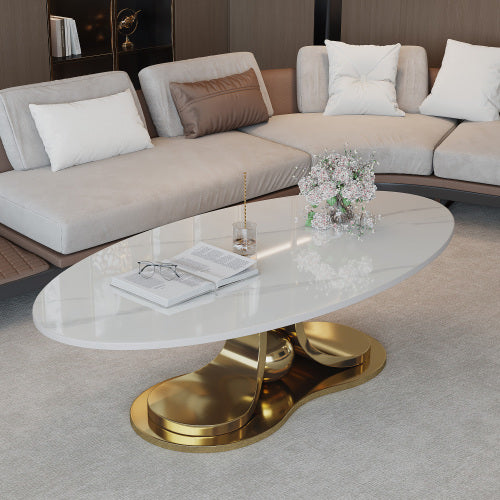 Modern oval coffee table, white artificial marble tabletop, golden S-shaped metal base, luxurious living room coffee table