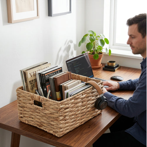 Water Hyacinth Storage Basket, Natural, Handwoven Twisted Weave Basket with Handles – Shelf Organizer, Towel Storage, Living Room Storage
