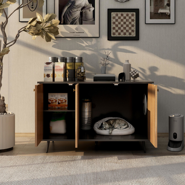 AEELLEEA Cat Litter Box Furniture Cabinet with 3 Doors, Storage Shelves and Side Cat Entry, Black and Walnut