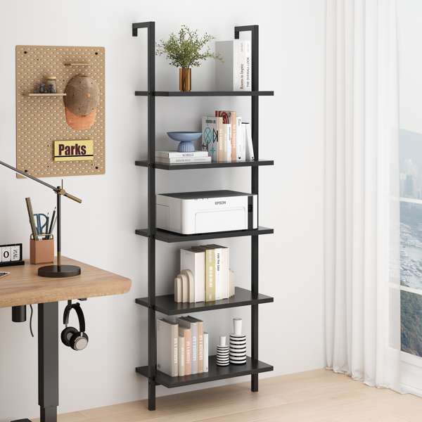 AEELLEEA 5-Tier Ladder Bookshelf, Wall Mounted Industrial Open Storage Bookcase with Metal Frame for Living Room Office