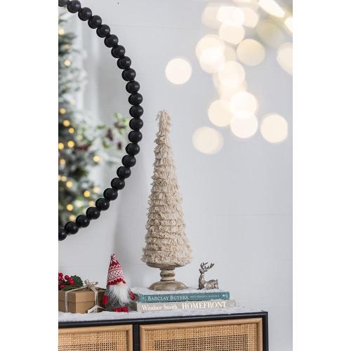 D3.9x15" Cream Fringe Embellished Cone Tree with Wooden Base, Rustic Tabletop Christmas Decoration for Mantel, Desk & Shelf.