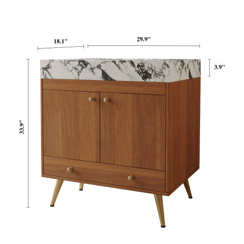 Bathroom Vanity with Sink, Wood Freestanding Vanity with Marble Top Double Doors and Drawer, Modern Vanity Cabinet